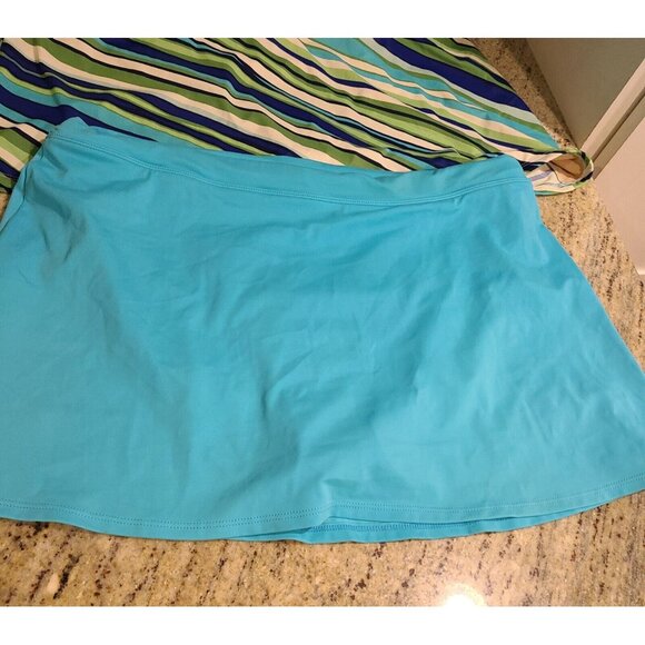 LL Bean Tankini Swim Skirt Set Plus Size 18 Blue Green Stripe Halter - Picture 5 of 16